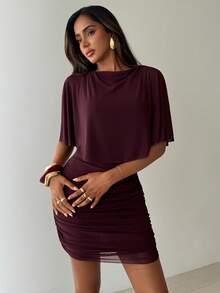 Aloruh Women's Elegant Batwing Sleeve Romantic 0verlay Ruffle Trim Fitted Mesh Mini Dress,Women Dating Dress,Women Night Out Dress,Summer Dresses For Women, Honeymoon Outfits Woman .Women Wedding Guest Dress. Island Vacation Outfits,Wedding Guest Dress Women ,Sun Dresses For Women ,Elegant Dresses For Party,Birthday Dresses For Women - Purple - View 5