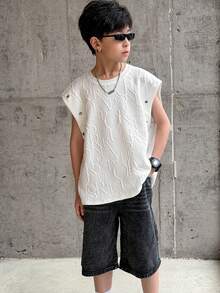 SHEIN 1pc Tween Boy Kids Comfortable Daily Versatile Loose Fit Japanese And Korean Style Simple Casual Texture Fabric Round Neck Sleeveless Knitted Top T-Shirt, Suitable For Spring And Summer Seasons, Daily Life, Sports, Campus, Gatherings, Festivals, Performances, Photography, Back To School Season - White - View 6