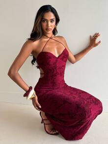 Aloruh 酒红色镂空针织高领修身连衣裙，安哥拉红情人节连衣裙 - 酒紅色 - 查看 7