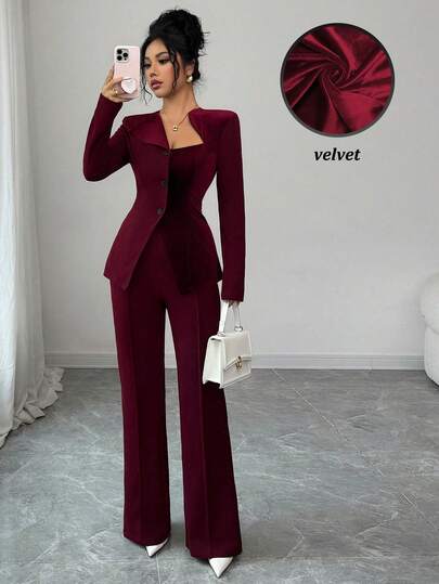 SHEIN Elenzya 2pcs Women's Elegant Romantic Waist Cinched Patchwork Jacket And Straight Leg Pants Set