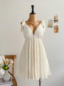 Soleia 大码女式纹理针织拼接褶皱系带迷你连衣裙，适合夏季、春季、情人节穿着 - 杏色 - 查看 4