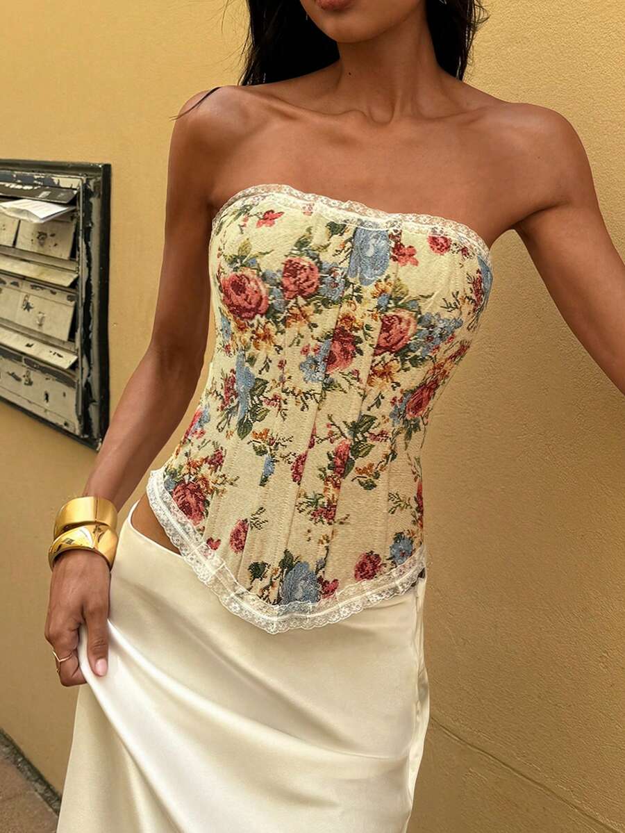 Opulessa 春夏情人节生日海滩度假优雅外出女士碎花抹胸露背上衣，情人节，狂欢节服装，派对、海滩、婚礼宾客优雅上衣，度假 - 彩色 - 查看 1