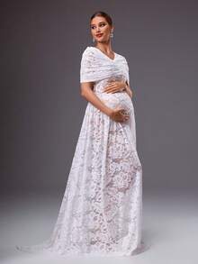 MaterniChic 优雅性感蕾丝孕妇装 - 白色 - 查看 4