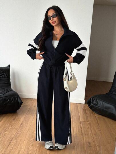 SHEIN PETITE New Casual Sports Street Stand Collar Zipper Long Sleeve Off-Shoulder Jacket + Straight Wide-Leg Pants Dark Blue With White Ribbon Women's Two Pieces Suit-A Long Sleeve Jumpsuit Casual Two Piece Set Pants Two Piece Set Pants Suit Black And White Jumpsuit Long Sleeve Tracksuit Black And White Tracksuit