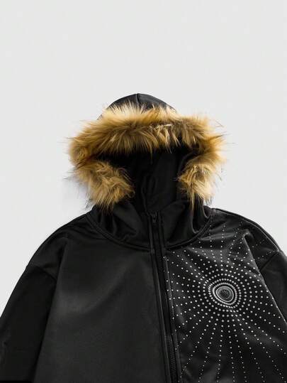 معطف كاجوال بياقة من الفرو الاصطناعي وقلنسوة، طراز شارع موضة خريف/شتاء للرجال بطابع داكن