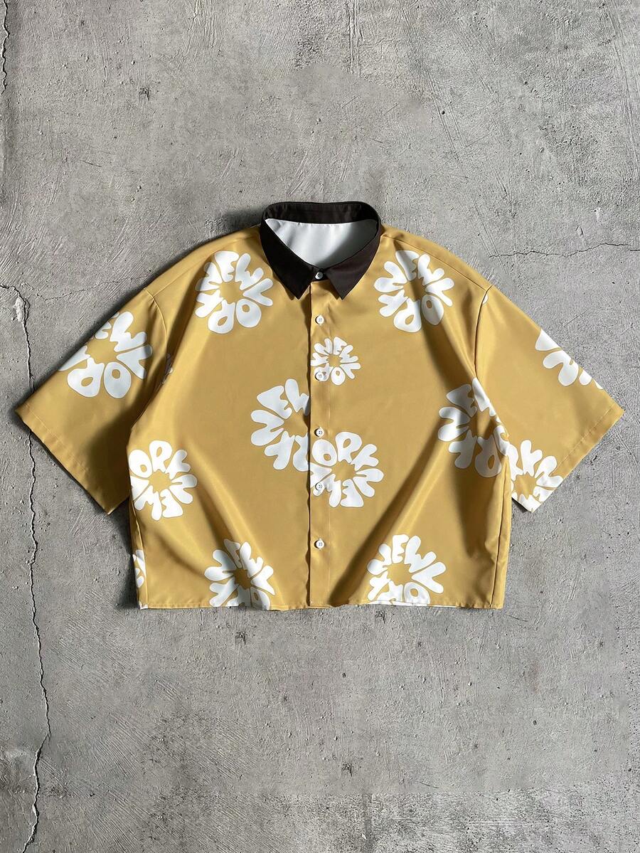 AXEPEAK 男士休闲字母印花衬衫，夏季 - 黃色 - 查看 1