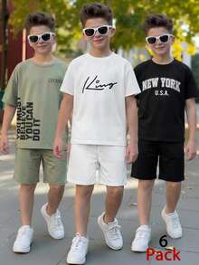 Fantacosmos Set de 2 piezas de camiseta de manga corta con estampado de letras gráficas y pantalones cortos casuales para niños, adecuado para actividades al aire deportes de primavera/verano