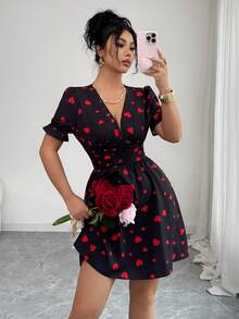 Elenzga Women's Elegant Heart Print V-Neck Ruffle Sleeve Waist Cinched Midi Dress, Summer - Multicolor - View 1