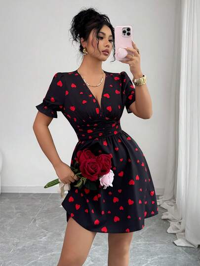 Elenzga Women's Elegant Heart Print V-Neck Ruffle Sleeve Waist Cinched Midi Dress, Summer