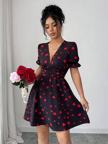 Elenzga Women's Elegant Heart Print V-Neck Ruffle Sleeve Waist Cinched Midi Dress, Summer - Multicolor - View 5