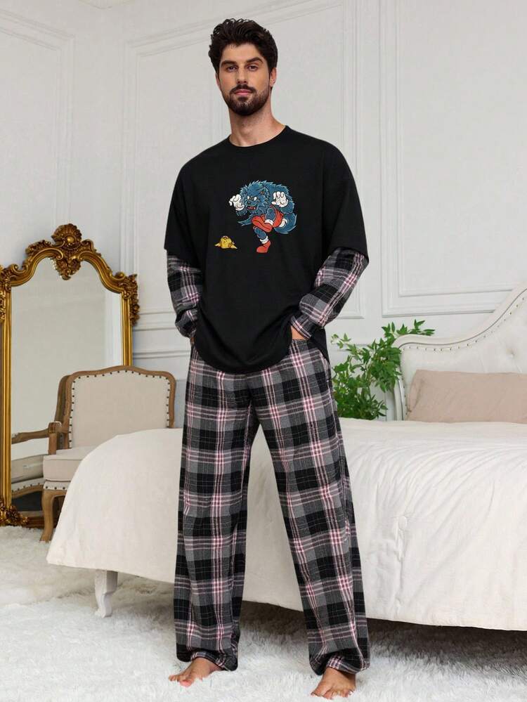 Men's Multi-Color Plaid Print 2 Pieces Pajama Set, Spring/Autumn