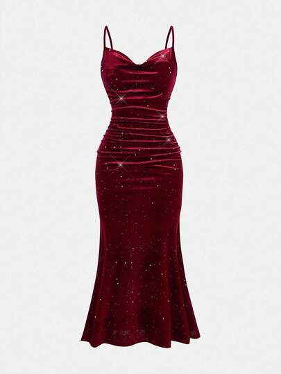 Tween Girl Solid Burgundy Red Color Mesh Patchwork Minimalist Long Elegant Dress, Vintage Midi Dress For Christmas Dress, Autumn/Winter Elegant Vintage, Suitable For Party, Christmas, New Year Ball