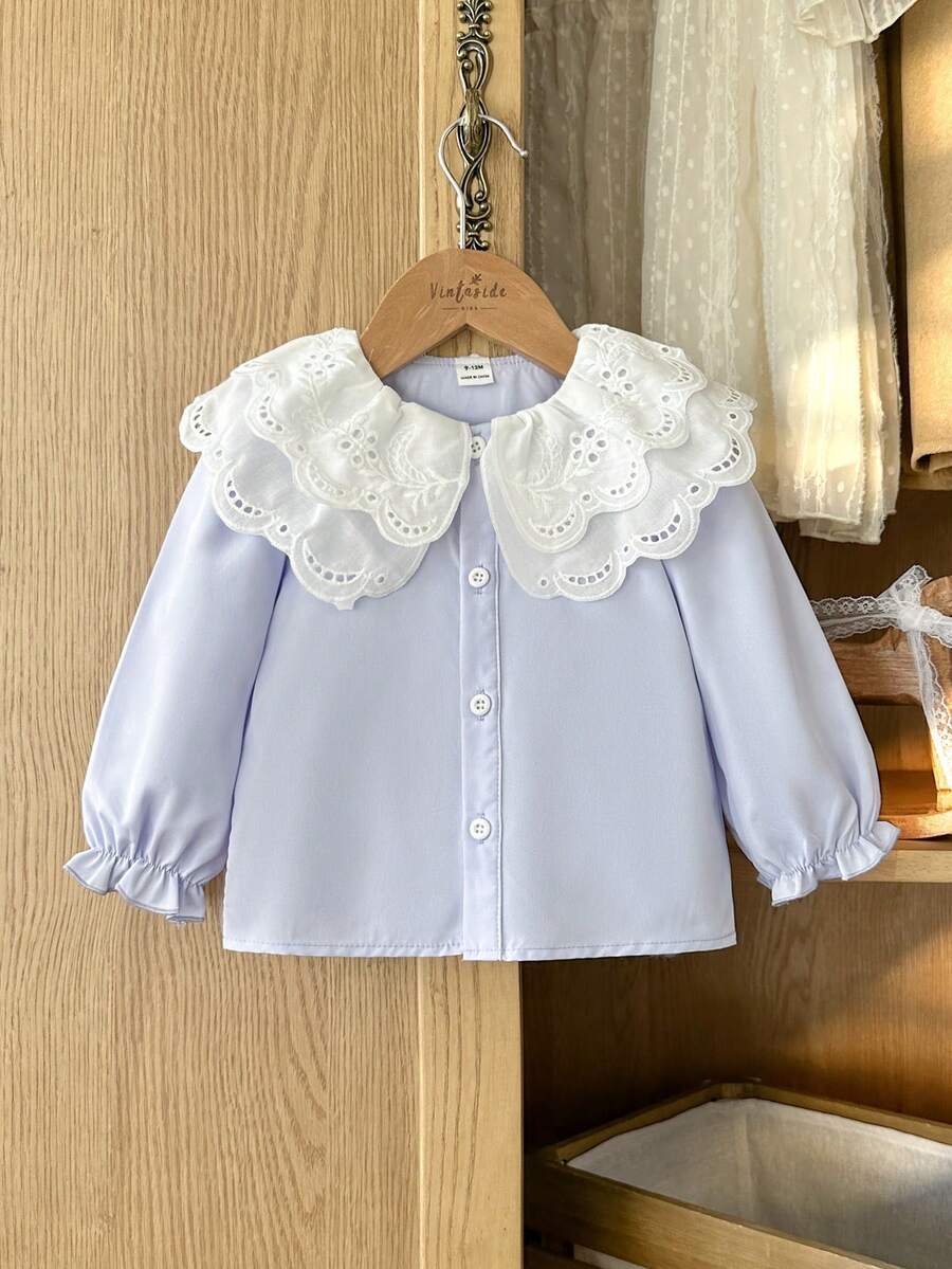 SHEIN Vintaside Kids 女婴白色蕾丝领长袖衬衫，时尚百搭娃娃衫，弹性袖口，舒适时尚，适合日常穿着，春秋季