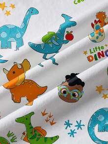 CoComelon X SHEIN 男婴休闲可爱恐龙印花圆领短袖上衣，夏季 - 白色 - 查看 3