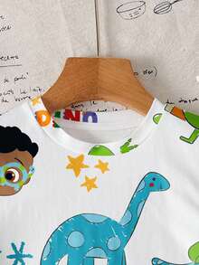 CoComelon X SHEIN 男婴休闲可爱恐龙印花圆领短袖上衣，夏季 - 白色 - 查看 5