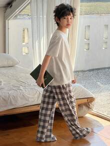 DAZY Tween Boy Solid Color Crew Neck Short Sleeve T-Shirt And Plaid Pants Pajama Set Spring - White - View 1