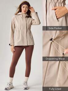 OutZeal Women Water-Resistant Hooded Drawstring Waist Zip Pocket Grey Outdoor Jacket Daily Casual - Apricot - View 5
