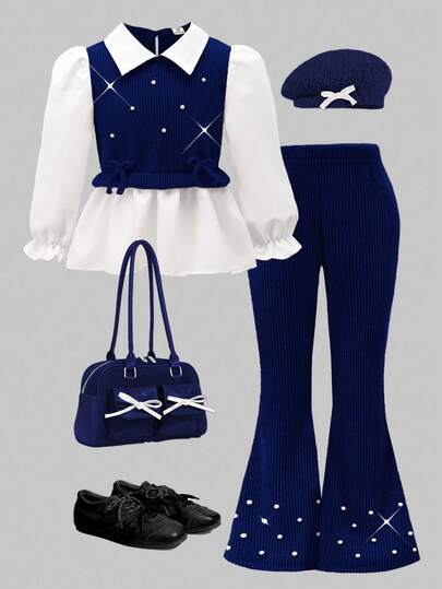 Tween Girls Navy Blue Knitted Co-Ords Long Flare Sleeve Collar Ruffle Hem Top And Pants Set Everyday Casual Geometric Pattern Long Outfit