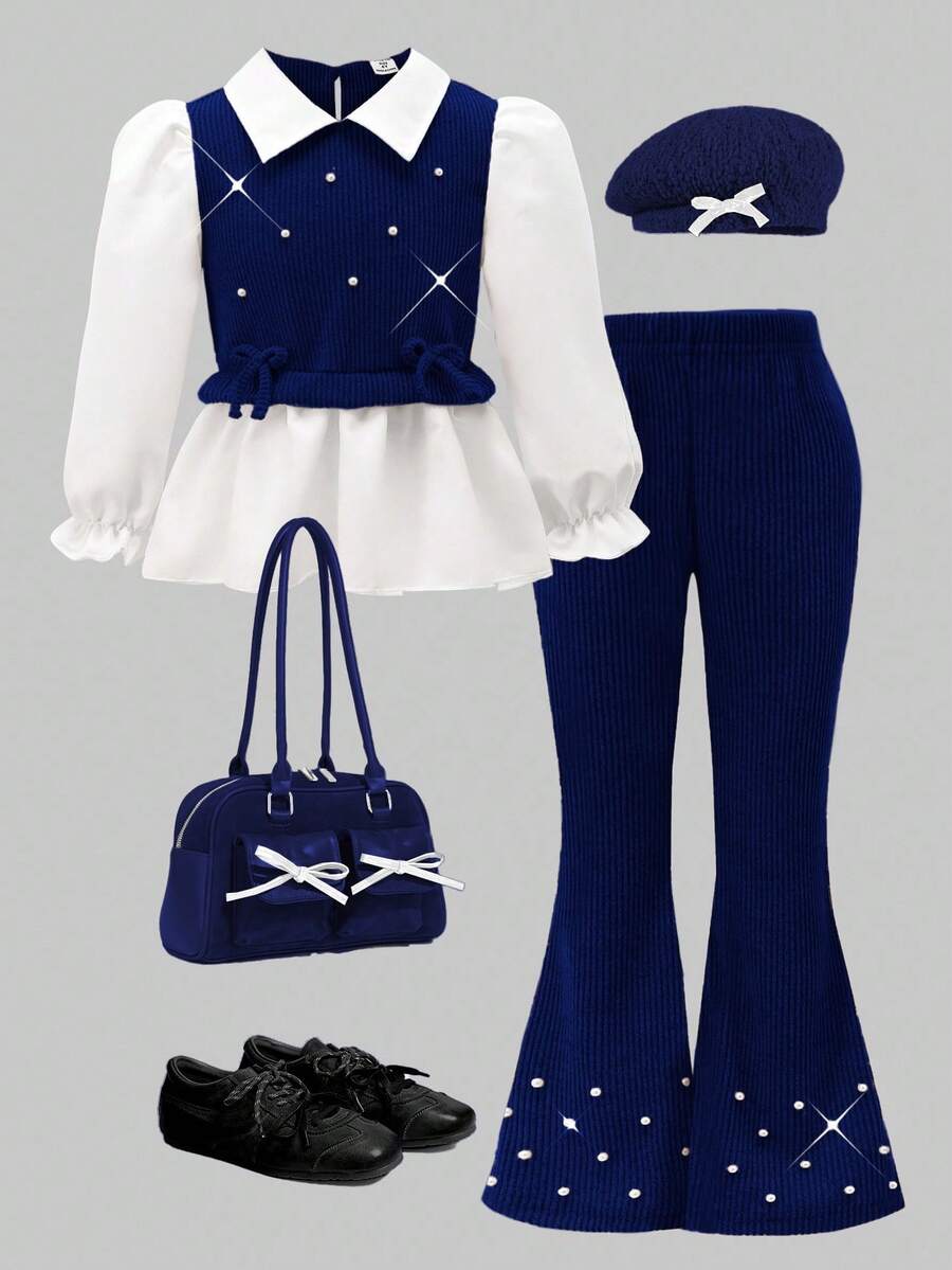 Everyday Casual Tween Girls Geometric Knit Flare Sleeve Shirt Co-Ords With Pearl Detailing - Navy Blue - View 1