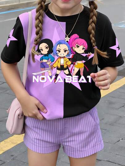 Young Girl Casual Creative Personalized Refreshing Cool Minimalist Cute Virtual Girl Group Pentagram Black Purple Patchwork Lettering Graphic Print Cozy Summer & Fall Basic Short T-Shirt, Comfortable Daily T-Shirt Anime Clothing Girls Anime T Shirt Kawaii Clothes Girls Street Wear Nova Beat