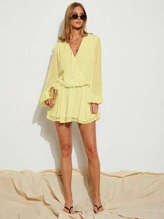 COSMINA Women's Solid Color Long Lantern Sleeve Ruffle Hem Wrap Mini Dress