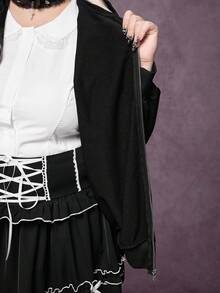 ROMWE Áo nỉ nữ cỡ lớn in họa tiết đầu lâu, nơ và quả khế theo phong cách Gothic, màu đen, thích hợp cho mùa thu/đông đi học, có khóa kéo. - màu đen - Xem 7