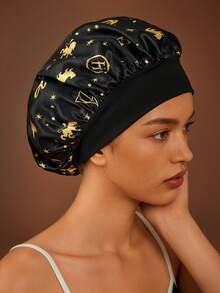 HARRY POTTER X SHEIN 升级版双层女士护发帽，宽弹力缎面睡帽，柔软舒适，适合日常居家和睡眠佩戴，返校季必备 - 黑色 - 查看 3