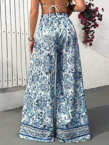 EURMUSE 女士印花长裤，蓝白阔腿裤，夏季度假裤，松紧腰沙滩裤，波西米亚风飘逸长裤，佩斯利印花裤 - 彩色 - 查看 2