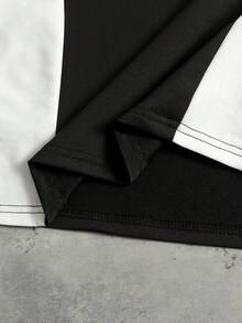 ROMWE MEN 男士休闲撞色星形刺绣圆领短袖T恤，夏季 - 黑與白 - 查看 4