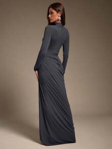 Hauture Women's Sexy Mock Neck Ruched Asymmetric Second Skin Jersey Stretchy Long Sleeve Maxi Dress - Grey - View 2