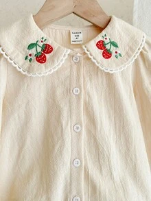 LMoss Kids 女童纯色彼得潘领刺绣休闲衬衫 - 米色 - 查看 6