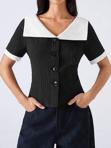 LYSMO 2026 Noutate Minimalism Primăvară/Vară pentru Femei Cu Guler Contrast Culoare Dungi Mânecă Scurtă Cu Un Singur Nasture, Serviciu/Casual de Afaceri/Birou, Top Elegant Alb-Negru Bluză Alb-Negru Topuri Preppy Topuri Business Casual Topuri Femei Topuri Office Pentru Femei - Albastru si alb - Vizualizare 4