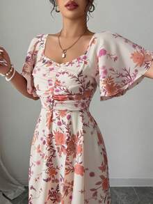 Modelyn 女士雪纺蝴蝶印花蝙蝠袖褶皱甜美法式夏季连衣裙 - 彩色 - 查看 4