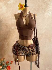 Soleia 新款休闲度假西部海滩婚礼宾客着装毕业早午餐女士圣帕特里克节春假复活节音乐节优雅波西米亚热带风情露背蝴蝶结豹纹亮片派对情人节串珠棕色两件套 - 咖啡棕 - 查看 1