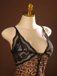 SHEIN 2pcs Animal Print Lace Patchwork Leopard Mesh Ribbon Tie Sexy Nightgown Set - Multicolor - View 3
