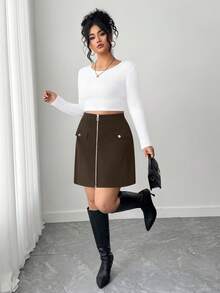 SHEIN Tall CURVE Falda A-Line minimalista con cremallera de unicolor talla grande - Café integral - Ver 4