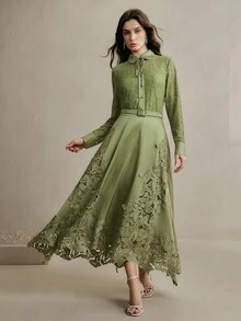 Anewsta 2pcs/Set Women's Green Lace Blouse Top And Satin Skirt, Spring New Elegant Mother's Day Outfit - Green - View 5