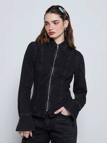 COUREZ Zip Up Light Weight Denim Jacket In Black Wash /Y2K  Women Clothes  Spring Clothes Cute Tops Going Out Top Spring Clothes Chic Top Spring Sexy Festivals Outfit Summer Tops - Black - View 1