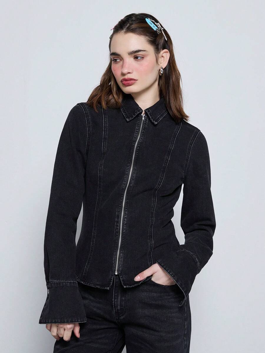 COUREZ Zip Up Light Weight Denim Jacket In Black Wash /Y2K  Women Clothes  Spring Clothes Cute Tops Going Out Top Spring Clothes Chic Top Spring Sexy Festivals Outfit Summer Tops - Black - View 1