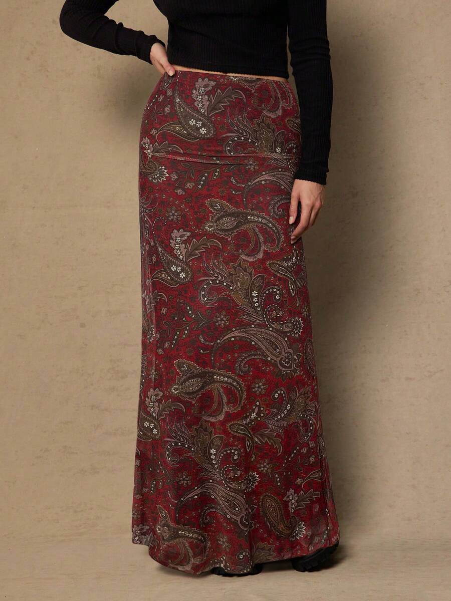 Freevana 大码休闲波西米亚复古西部风佩斯利花纹和腰果花印花百搭棕色针织半身裙，适合秋冬季穿着。 - 酒紅色 - 查看 1