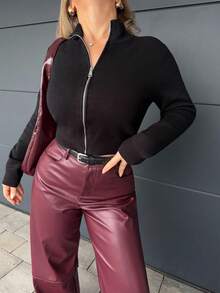 Jeta Ari Hochgeschlossener Langarm Strickpullover mit Reißverschluss, figurbetont, für Herbst, Lässig Lounge für Frauen, Butterscotch - Schwarz - Übersicht 3