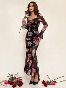 SHEIN MOD Váy đuôi cá tay loe họa tiết hoa đen - Nhiều màu - Xem 6