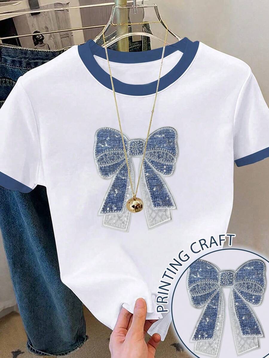 Resyla Áo thun nữ thêu hình bướm có họa tiết denim, trang trí nơ đính hạt thủ công - trắng - Xem 1