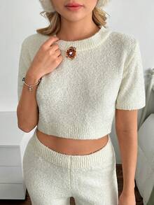 EURMUSE Cream Textured Knit Crop Top & Midi Skirt Two Pieces Set - Apricot - View 4