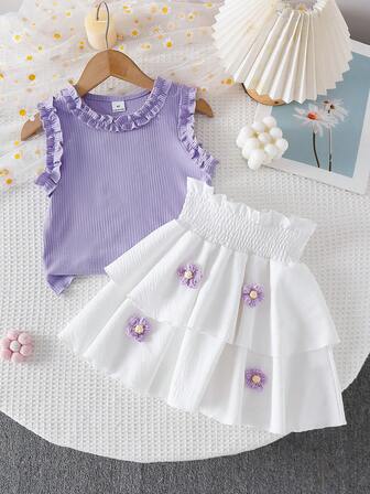 Genkimix Kids 小女孩可爱度假荷叶边背心搭配拼布蛋糕裙，手工纱线3D花朵装饰套装