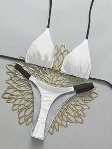 Swim Vcay Women's 2 Pieces Shell Decor Tie-Up Contrast Color Halter Bikini Set, Summer Beach Vacation - White - View 1