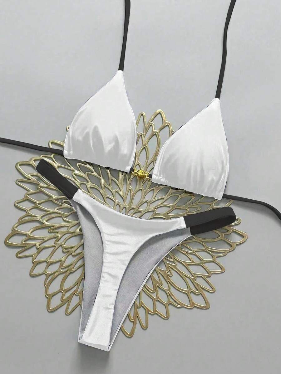 Swim Vcay Women's 2 Pieces Shell Decor Tie-Up Contrast Color Halter Bikini Set, Summer Beach Vacation - White - View 1