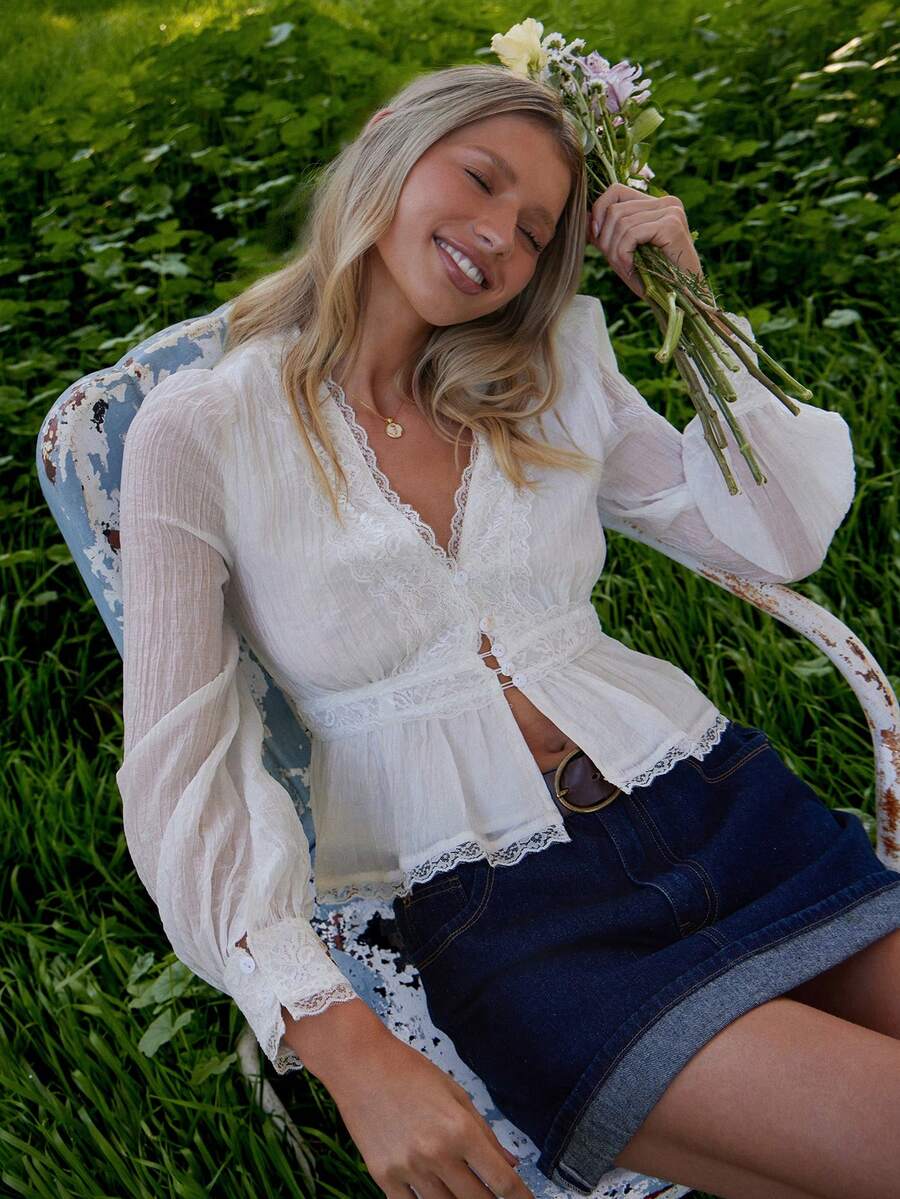 WESTFADE Crepe Woven V Neck Button Front Lace Trim Ruffle Peplum Fit & Flare Long Sleeve Flyaway Top Winter, Spring, Resort, Valentine's Day, Casual, Cute, Boho, Western Wear For Women, Nashville, Vacation, Country Concert, Cute Top - White - View 1