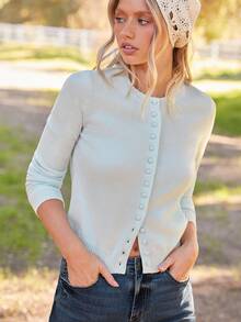 WESTFADE Áo khoác cardigan dệt kim ôm dáng, cổ tròn, tay dài, cài cúc phía trước. - Màu xanh nhạt - Xem 3