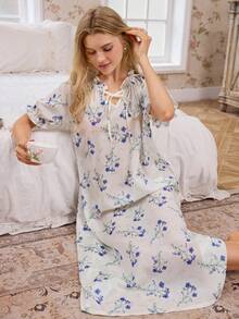 CottageSlumber Romantisches Nachtkleid mit Blume Muster, Rüschenkragen, Schleifen-Schleife und Puffärmeln - Verschiedenfarbig - Übersicht 6
